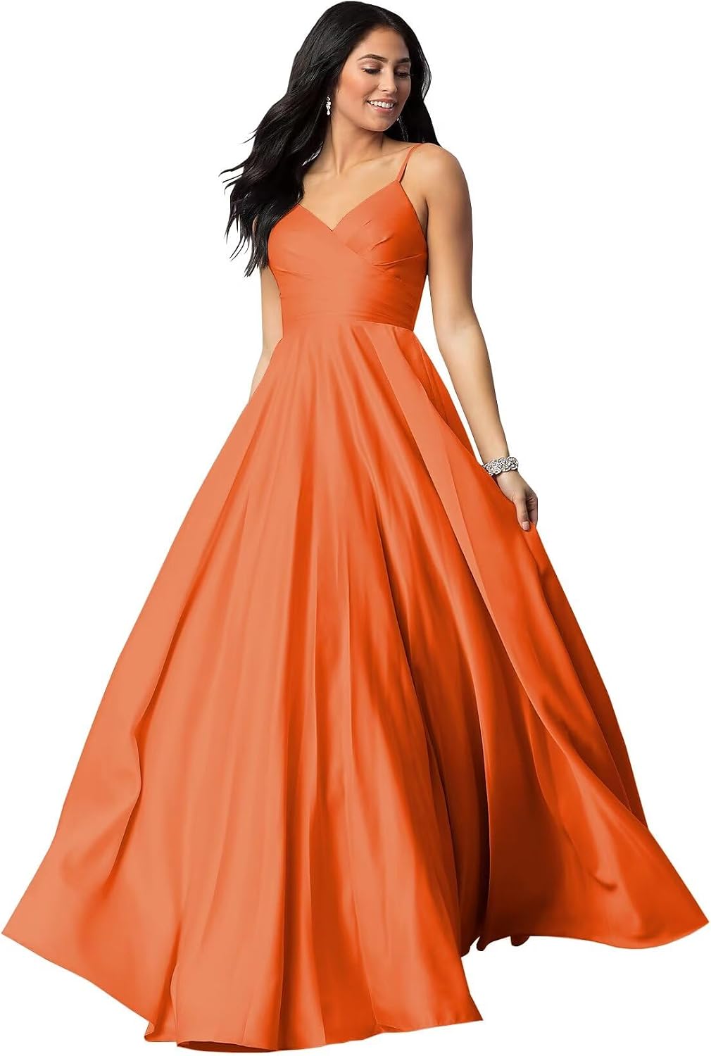 Spaghetti Straps Satin Prom Dresses for Women Long with Pockets Pleated Formal Evening Gowns