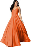 Spaghetti Straps Satin Prom Dresses for Women Long with Pockets Pleated Formal Evening Gowns Ball Gown