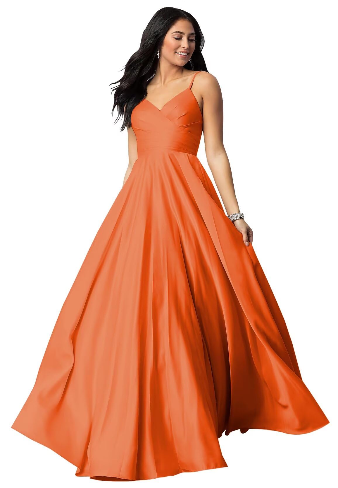 Spaghetti Straps Satin Prom Dresses for Women Long with Pockets Pleated Formal Evening Gowns