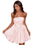 Short Satin A-Line Ruched Homecoming Dresses for Teens Strapless Ruched Mini Formal Cocktail Party Dress