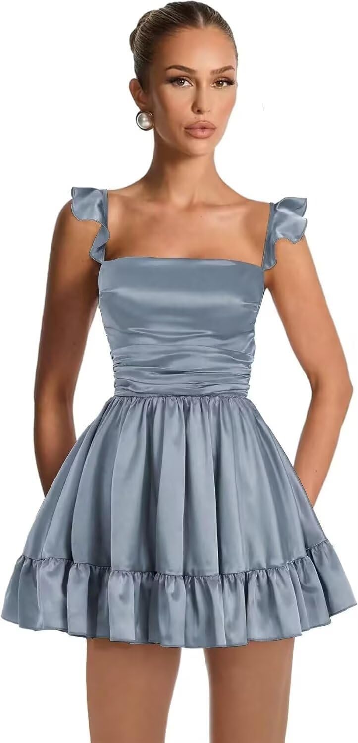 Satin Homecoming Dresses for Teens 2027 A-line Ruched Square Neck Short Prom Formal Cocktail Gowns with Pockets