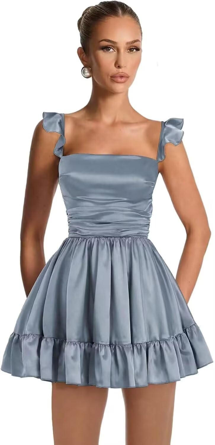 Satin Homecoming Dresses for Teens 2027 A-line Ruched Square Neck Short Prom Formal Cocktail Gowns with Pockets