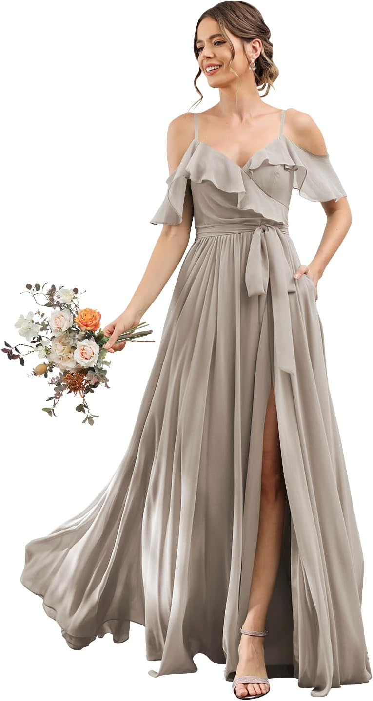 Women's Bridesmaid Dresses with Slit Long Cold Shoulder Chiffon Formal Party Dress with Pockets
