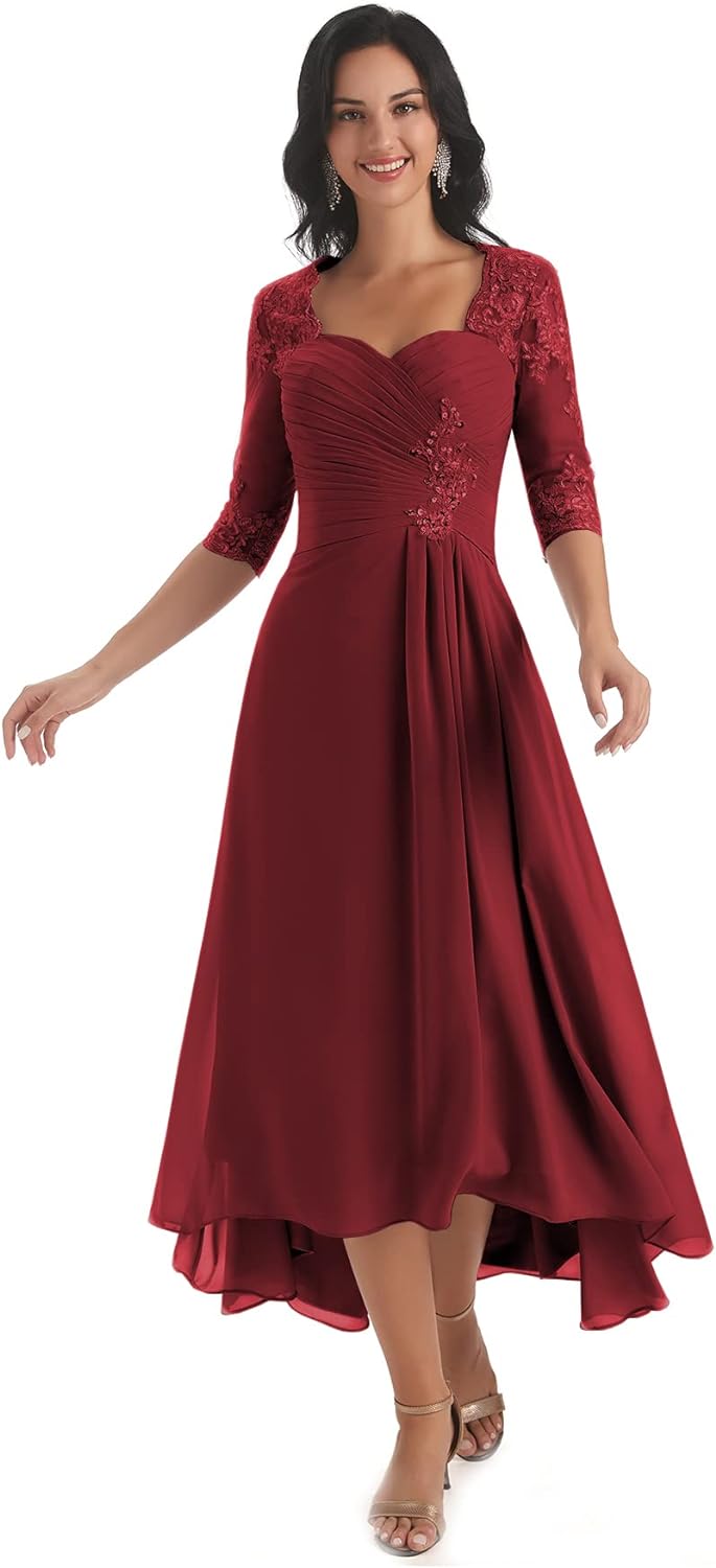 Women's Tea Length Mother of The Bride Dresses for Wedding Short Sleeves Lace Applique Formal Evening Prom Gowns