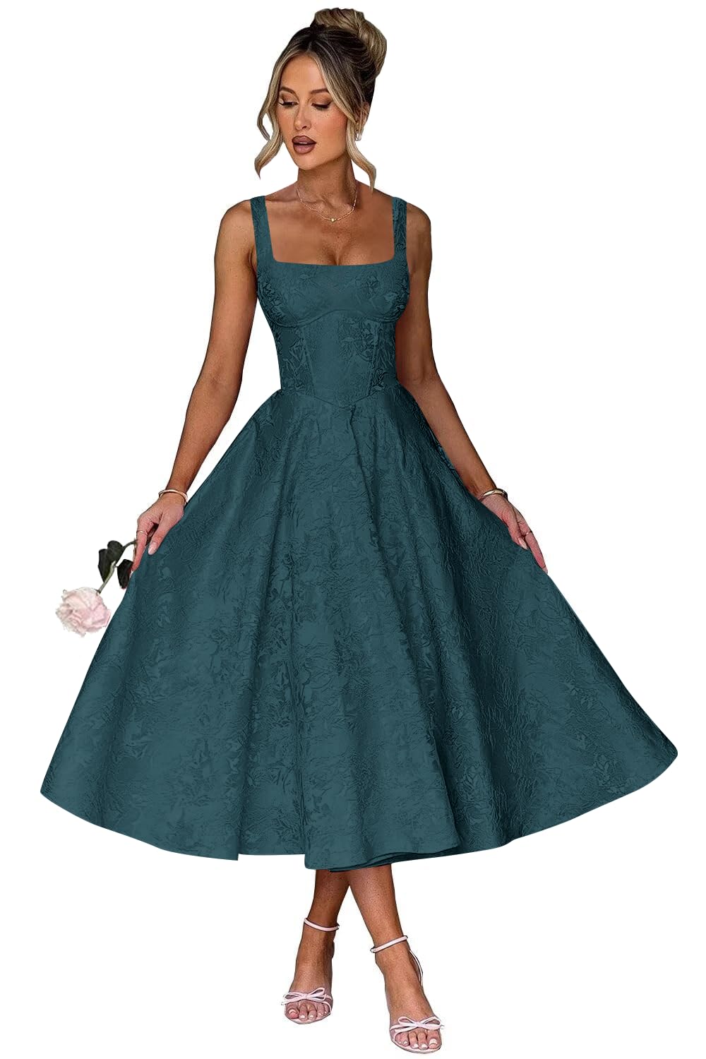 Floral Satin Jacquard Prom Dresses 2026 A-Line Tea Length Midi Square Neck Evening Party Gown with Pockets for Women