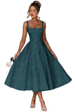 Floral Satin Jacquard Prom Dresses 2026 A-Line Tea Length Midi Square Neck Evening Party Gown with Pockets for Women