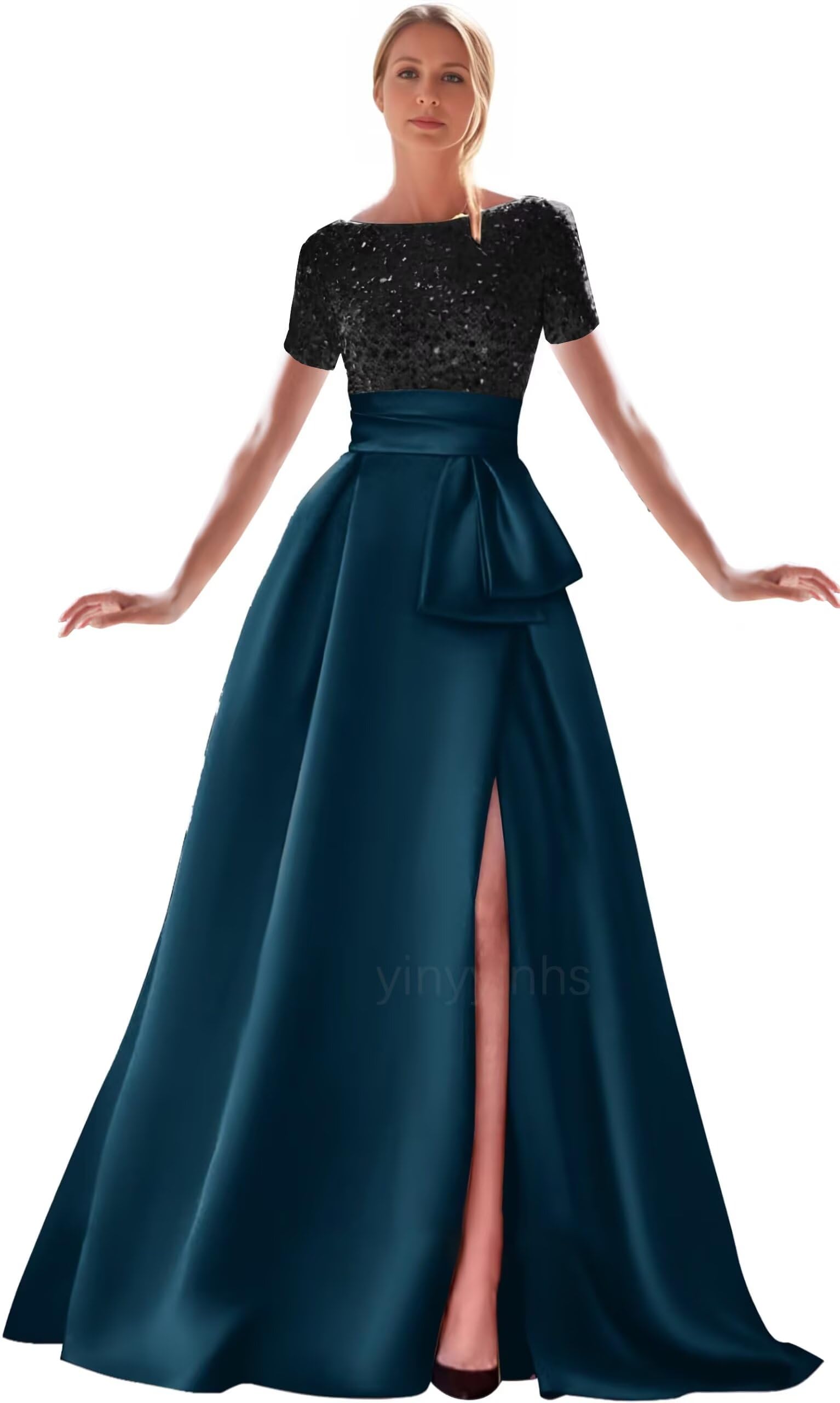 Kingbridal Gowns Short Sleeve Sequin Prom Dresses for Women 2026 Satin A-Line Sparkly Formal Evening Party Ball Gowns with Slit