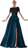 Kingbridal Gowns Short Sleeve Sequin Prom Dresses for Women 2026 Satin A-Line Sparkly Formal Evening Party Ball Gowns with Slit