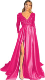 Vestido de fiesta de satén con lentejuelas brillantes para mujer, con bolsillos, manga larga y abertura. 
