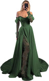 Off Shoulder Satin Wedding Dresses Lace Long Sleeve Prom Dresses Corset A-Line Ball Gowns with Slit