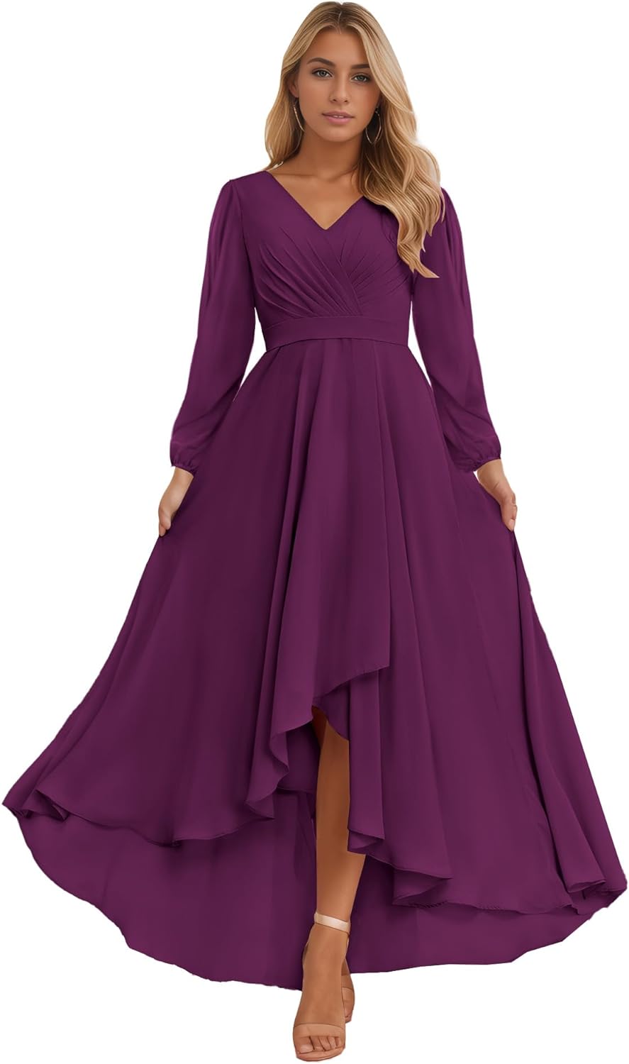 Long Sleeve Bridesmaid Dresses for Women 2025 V Neck Ruched Chiffon Formal Dress