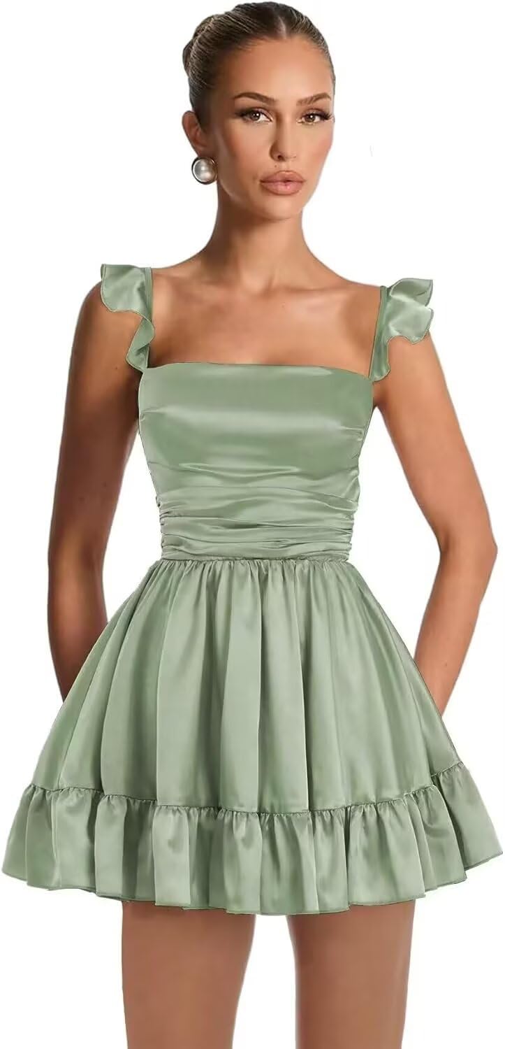 Satin Homecoming Dresses for Teens 2027 A-line Ruched Square Neck Short Prom Formal Cocktail Gowns with Pockets