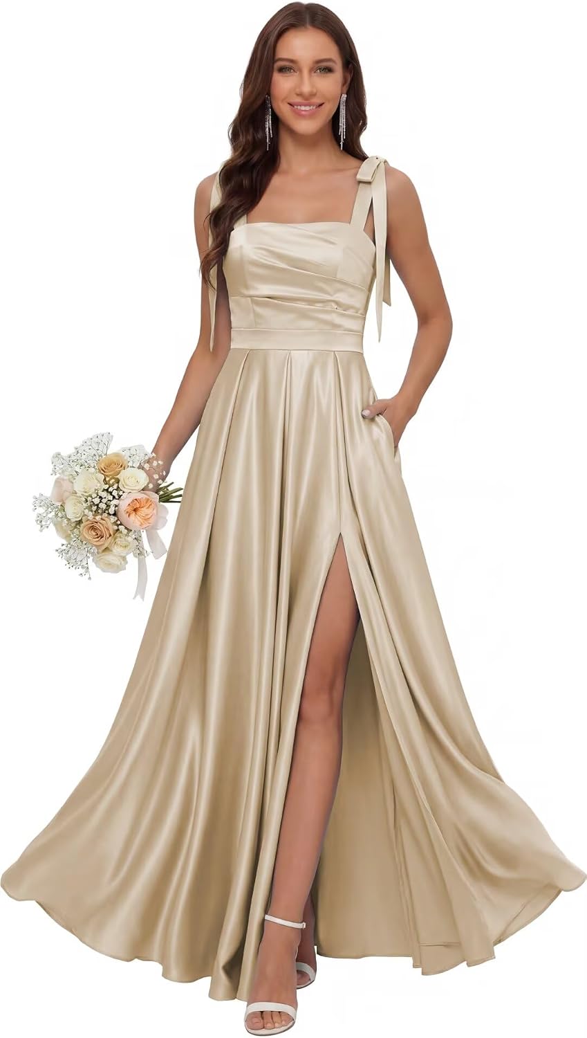 Satin Bridesmaid Dresses with Slit Spaghetti Straps Square Neck Long Formal Evening Dress