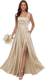 Satin Bridesmaid Dresses with Slit Spaghetti Straps Square Neck Long Formal Evening Dress