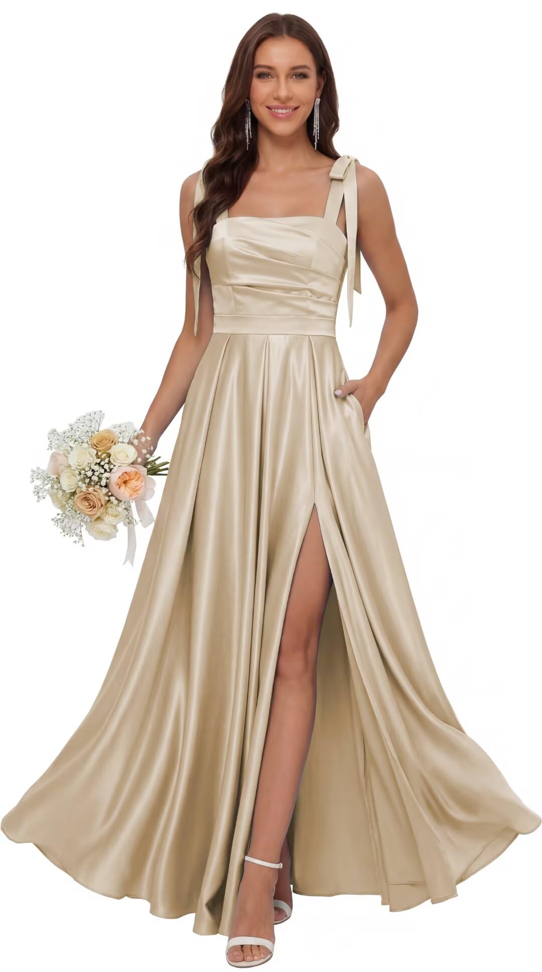 Satin Bridesmaid Dresses with Slit Spaghetti Straps Square Neck Long Formal Dress