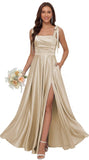 Satin Bridesmaid Dresses with Slit Spaghetti Straps Square Neck Long Formal Dress