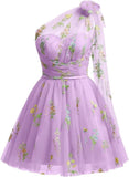 One Shoulder Homecoming Dresses for Teens Flower Embroidery Tulle Short Prom Dress A-Line Formal Party Ball Gowns