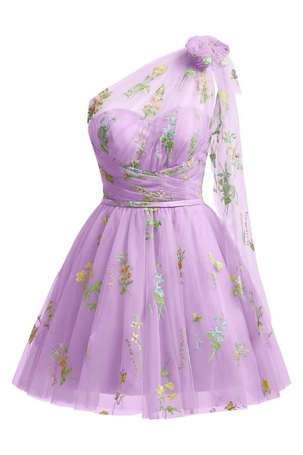 One Shoulder Homecoming Dresses for Teens Flower Embroidery Tulle Short Prom Dress A-Line Formal Party Ball Gowns