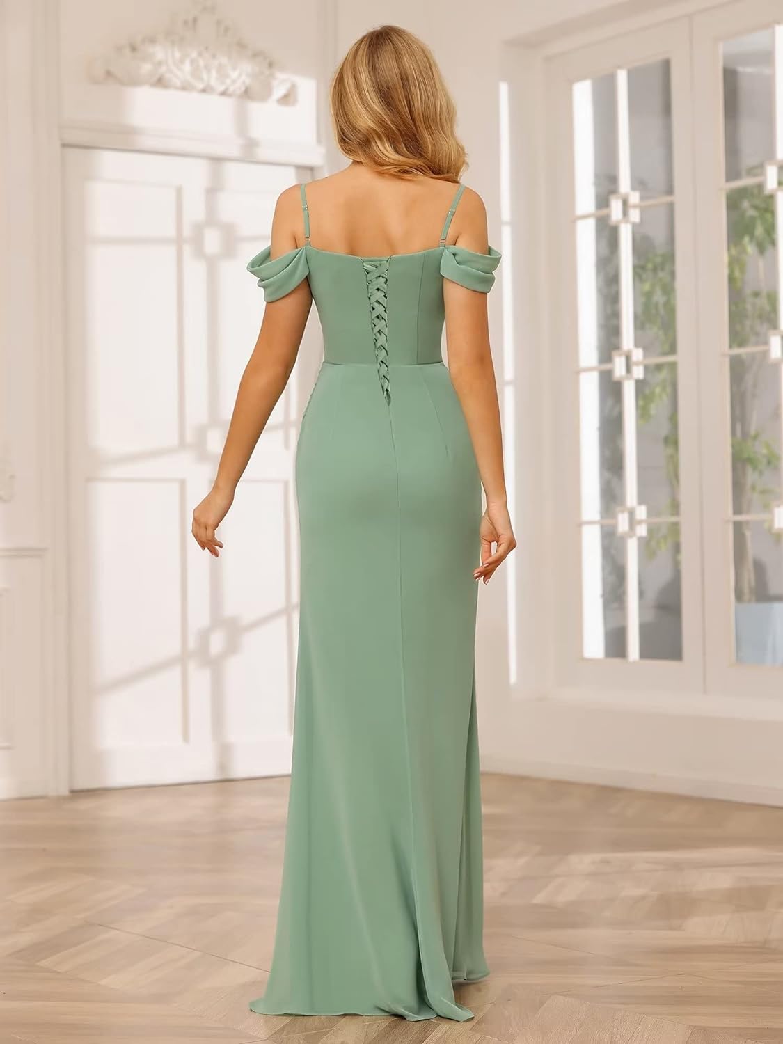 Vestidos de dama de honor de gasa con hombros descubiertos para mujer, vestidos formales largos de sirena fruncidos con abertura 