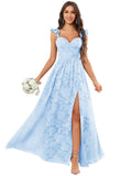 Chiffon Floral Bridesmaid Dresses with Slit Sleeveless Corset Ruffle A Line Long Formal Evening Gowns