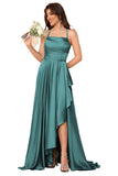 Women's Long Satin Bridesmaid Dresses Spaghetti Strap Halter Formal Evening Gown Ruffle High Low Wedding Guest Dress