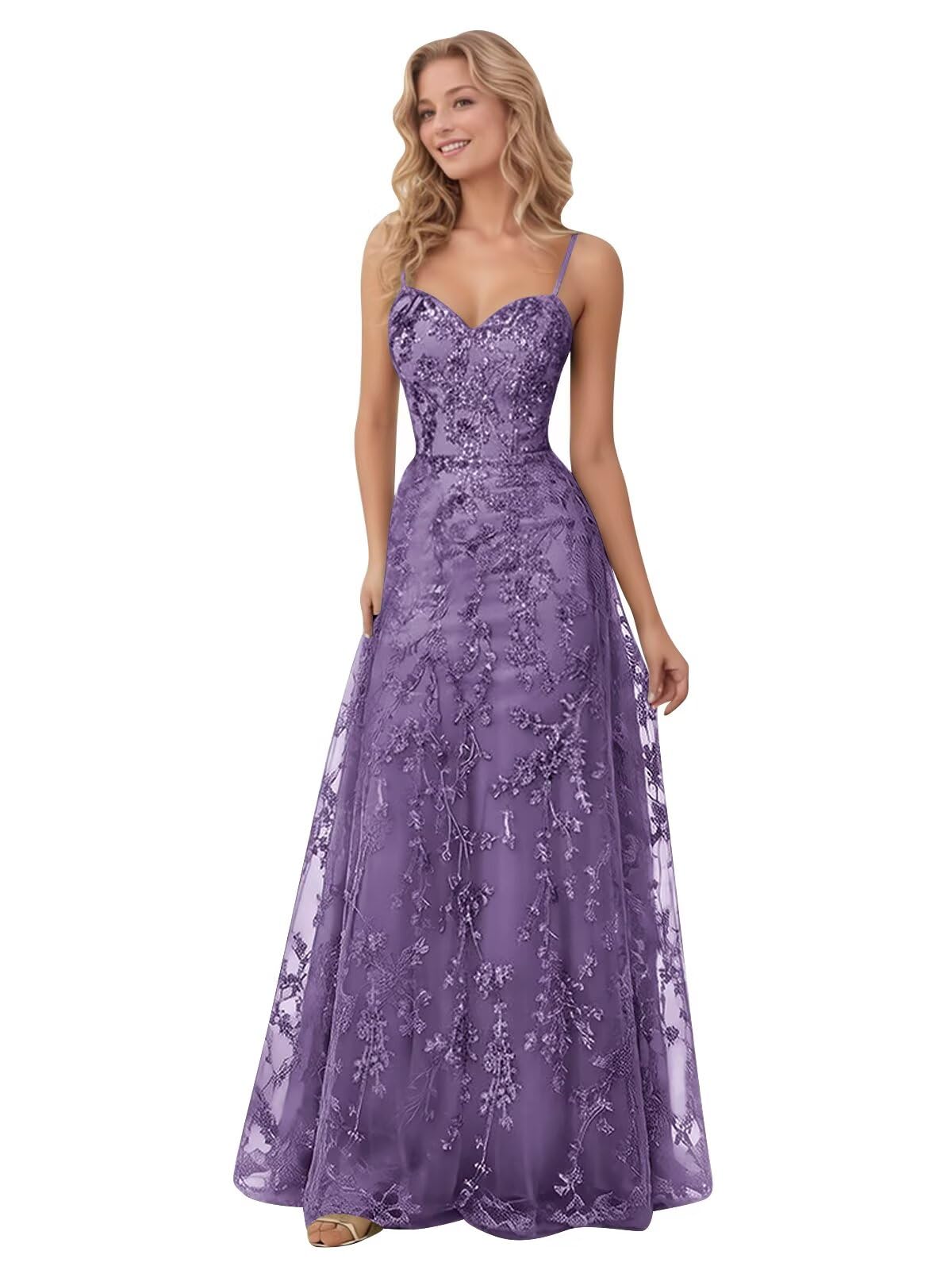 Spaghetti Strap Sparkly Prom Dress for Women Long Tulle Formal Dress Laces Evening Party Gown