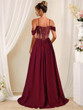 Off Shoulder Lace Applique Prom Dress with Slit A Line Ball Gown Pleated Corset Long Formal Evening Dresses