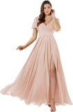 Damen Brautjungfernkleider mit Flatterärmeln, lang, mit Schlitz, V-Ausschnitt, Chiffon, formelle Kleider 