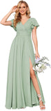 Flutter Sleeves Split Bridesmaid Dresses with Slit Long V Neck Empire Waist Formal Dress for Women Wedding
