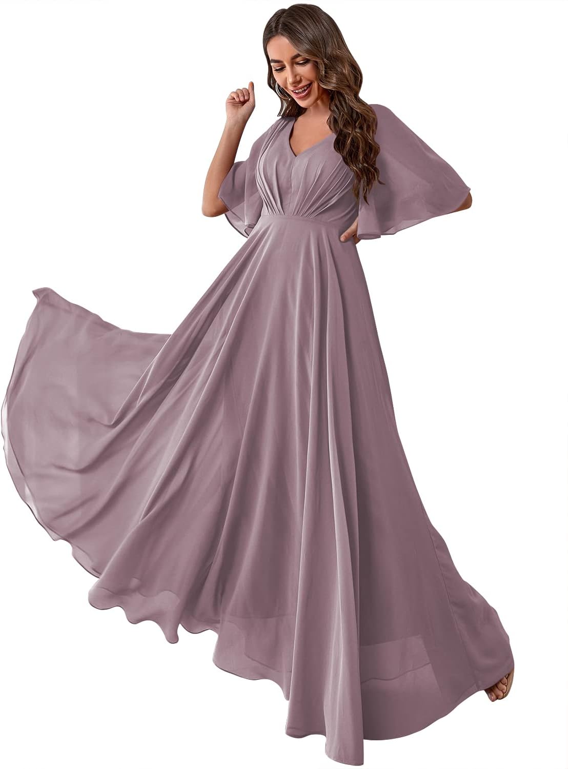 Women's Batwing Sleeve Chiffon Bridesmaid Dresses with Pockets V Neck Long Formal Evening Dress
