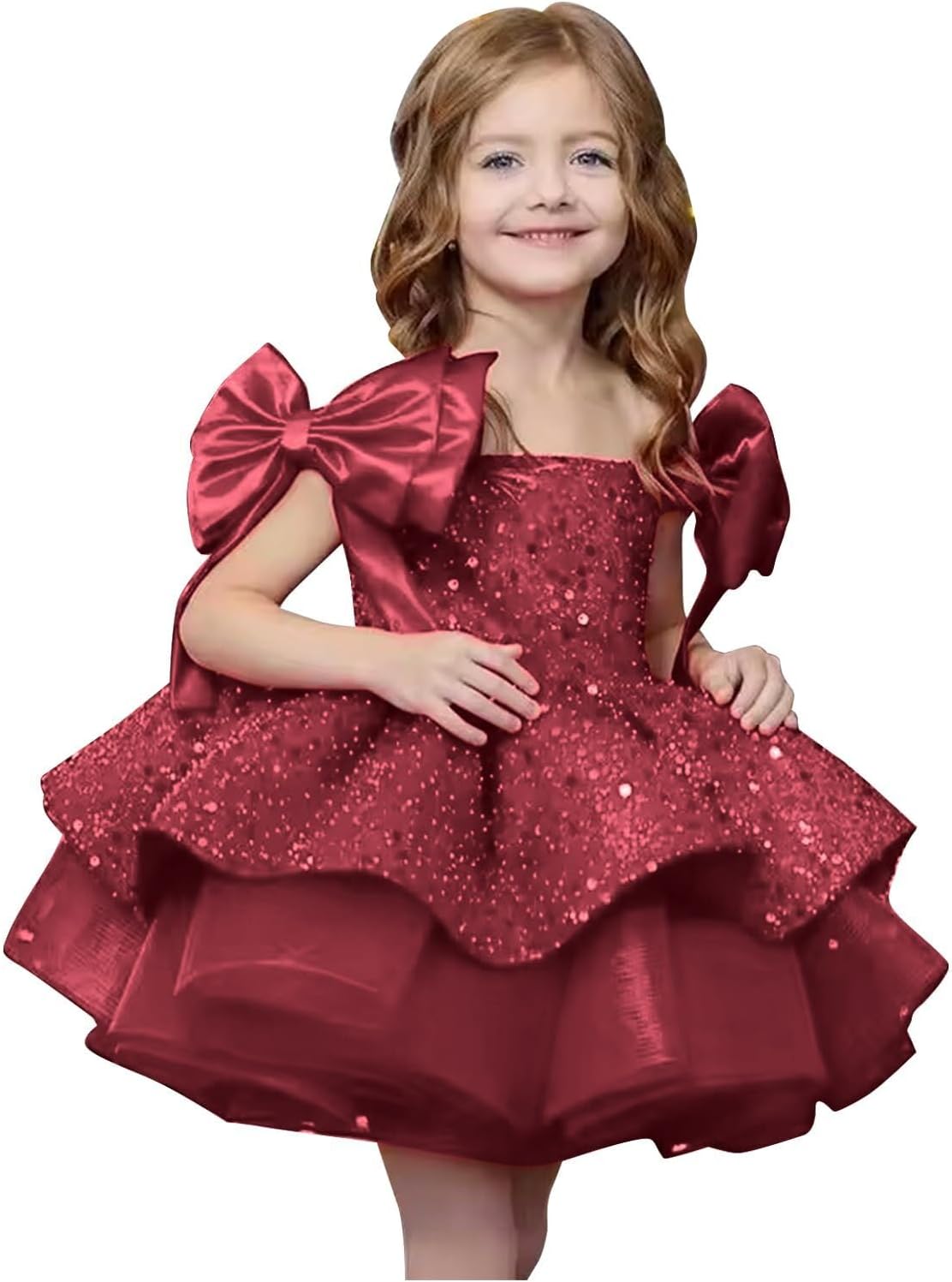 Sparkly Sequin Puffy Flower Dresses Short Girls A Line Princess Bow Knot Birthday Party Dress