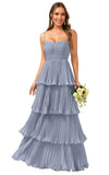 Tiered Ruffle Bridesmaid Dresses for Women Spaghetti Straps Long Chiffon Formal Evening Prom Gowns