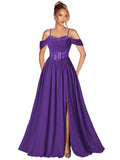 Off Shoulder Lace Applique Prom Dress with Slit A Line Ball Gown Pleated Corset Long Formal Evening Dresses