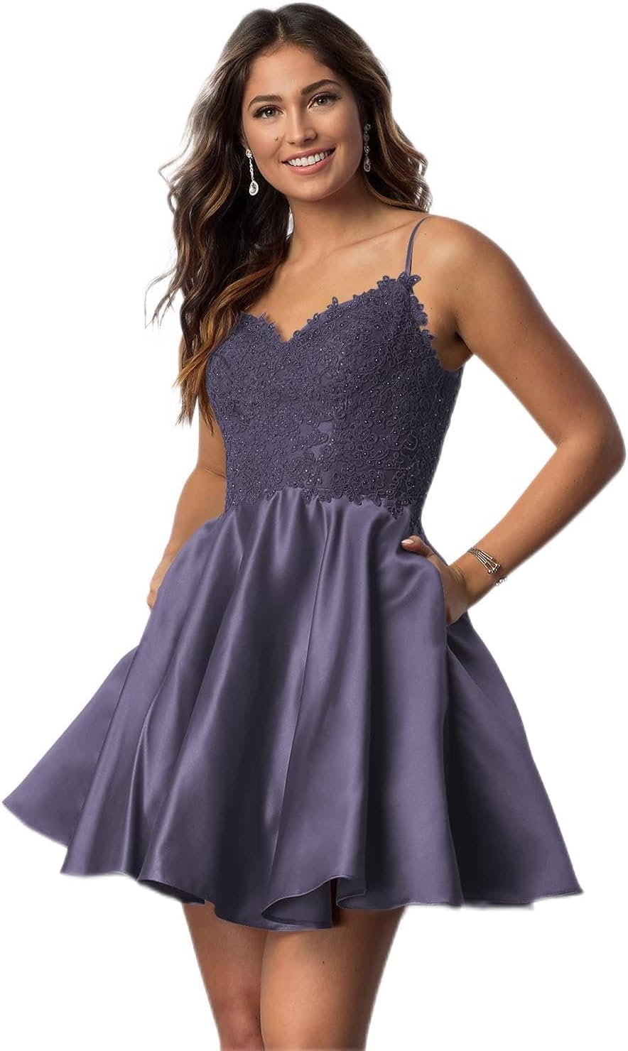 Vestidos cortos de fiesta con tirantes finos para jóvenes, con encaje, escote en V y bolsillos.