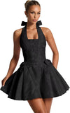 Satin Jacquard Halter Homecoming Dresses with Bow for Teens Mini A-Line Puffy Cocktail Corset Evening Party Gown