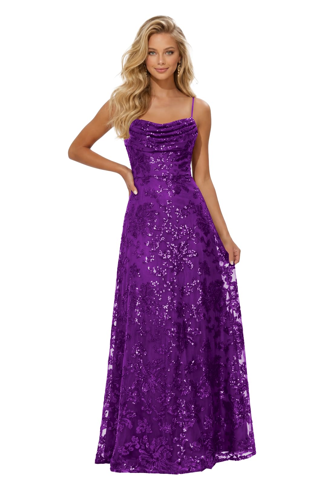 Lace Sequin Prom Dresses Spaghetti Straps A-Line Cowl Neck Pleated Sparkly Long Formal Evening Party Gowns