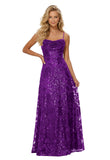 Lace Sequin Prom Dresses Spaghetti Straps A-Line Cowl Neck Pleated Sparkly Long Formal Evening Party Gowns