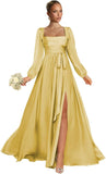 Satin Bridesmaid Dresses with Slit Long Sleeve Square Neck A Line Maxi Formal Dress