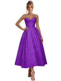 Jacquard Satin Prom Dresses for Women Strapless Tea Length Sweetheart Neck A-line Formal Party Dress with Pockets