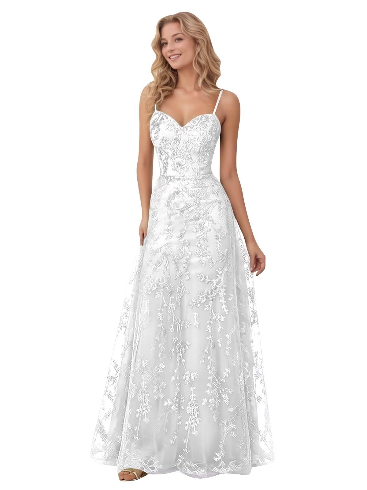 Spaghetti Strap Sparkly Prom Dress for Women Long Tulle Formal Dress Laces Evening Party Gown