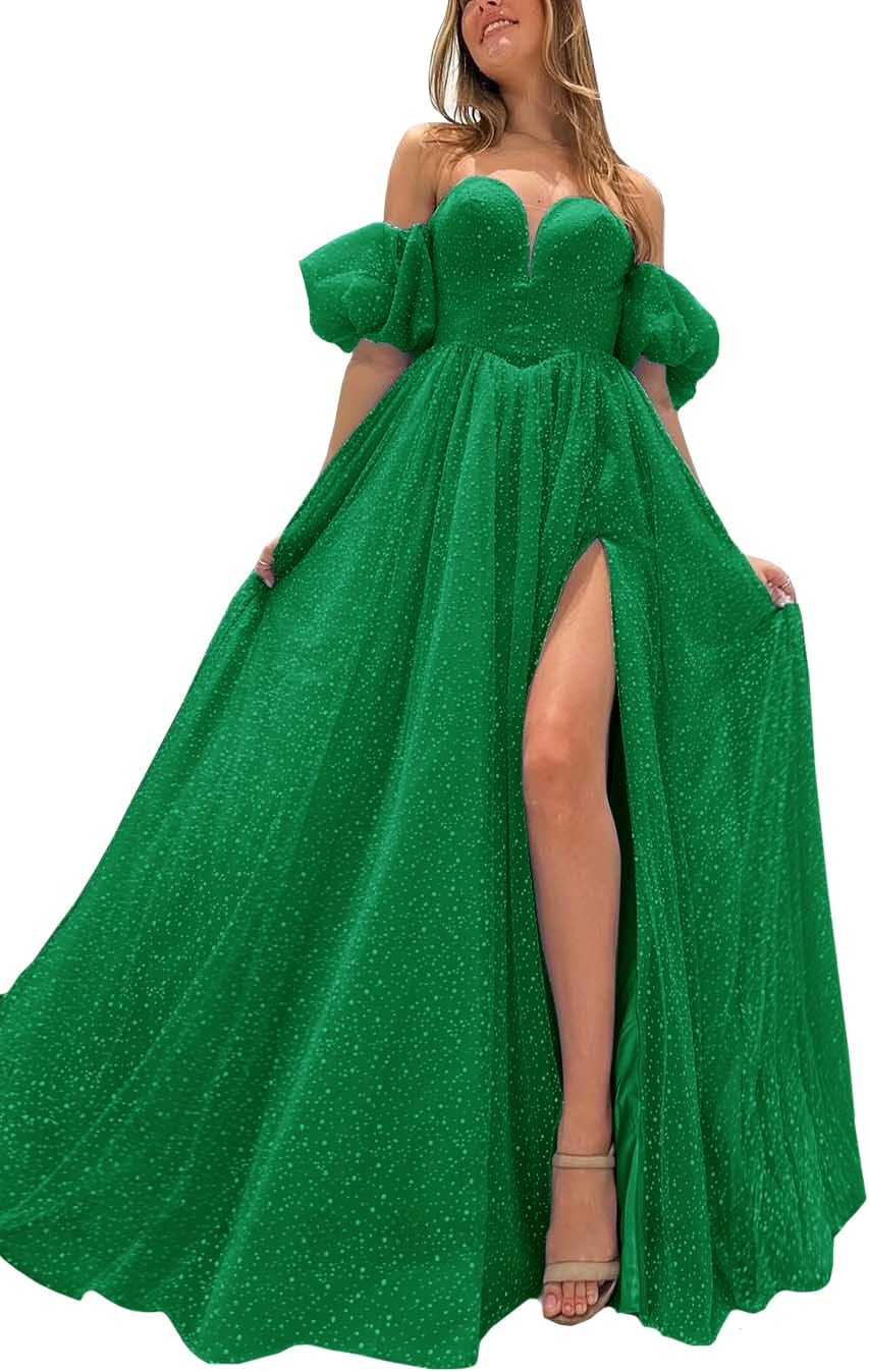 Tulle Prom Dresses for Women 2027 Sparkly Puffy Sleeves Long Ball Gowns with Slit A-Line Evening Dresses