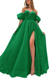 Tulle Prom Dresses for Women 2027 Sparkly Puffy Sleeves Long Ball Gowns with Slit A-Line Evening Dresses