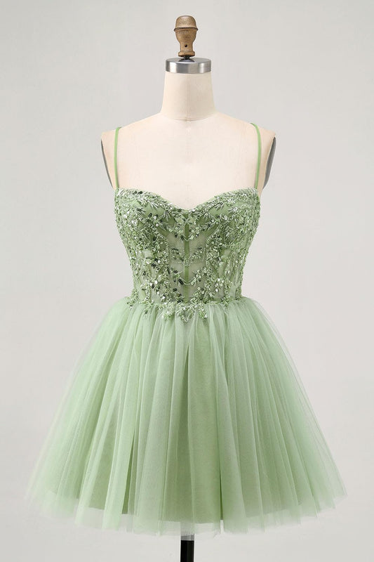 Homecoming Dresses for Teens 2026 Sparkly Lace Tulle Spaghetti Strap Corset Short Puffy Prom Quinceanera Dresses