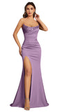 Mermaid Satin Prom Dresses for Women Strapless Sequin Formal Dress 2027 Pleated Evening Party Gowns with Slit