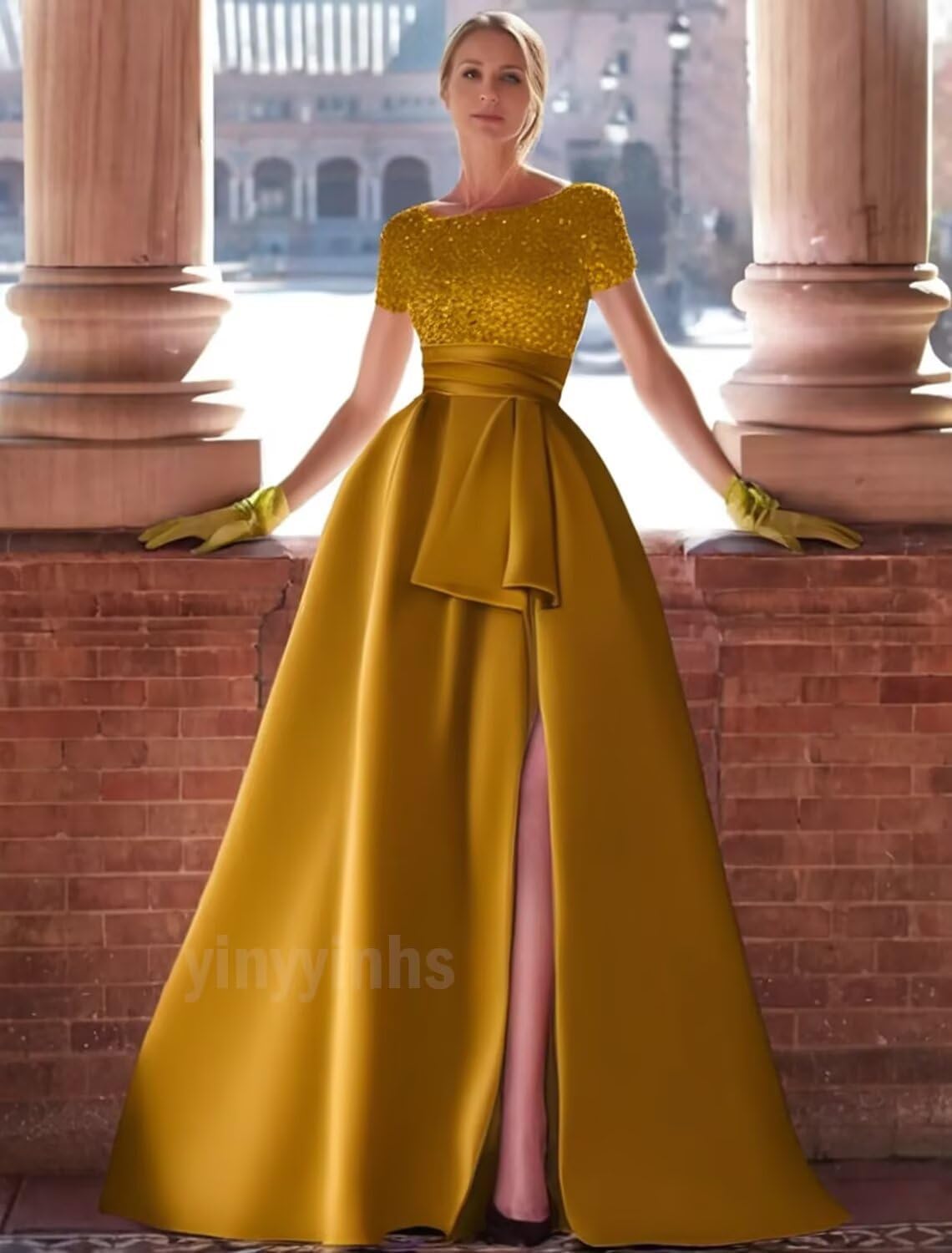 Kingbridal Gowns Short Sleeve Sequin Prom Dresses for Women 2026 Satin A-Line Sparkly Formal Evening Party Ball Gowns with Slit