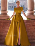 Kingbridal Gowns Short Sleeve Sequin Prom Dresses for Women 2026 Satin A-Line Sparkly Formal Evening Party Ball Gowns with Slit