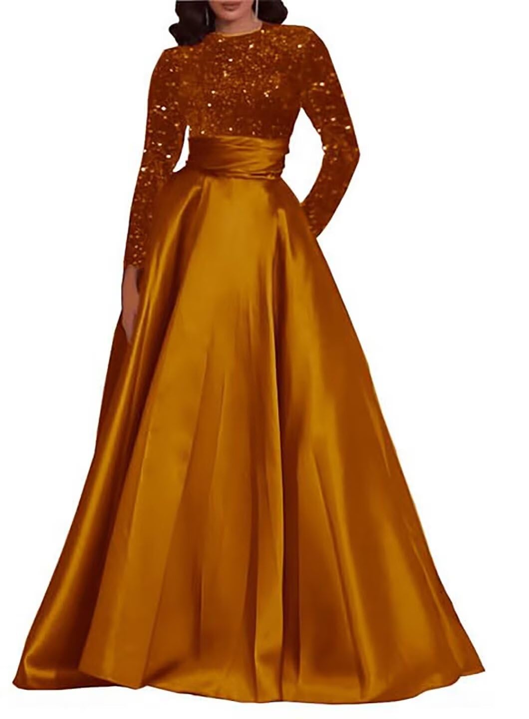 Kingbridal Gowns Long Sleeve Sequin Prom Dresses for Women Satin A-line Formal Dress 2026 Sparkly Evening Party Gowns with Pockets