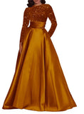 Kingbridal Gowns Long Sleeve Sequin Prom Dresses for Women Satin A-line Formal Dress 2026 Sparkly Evening Party Gowns with Pockets