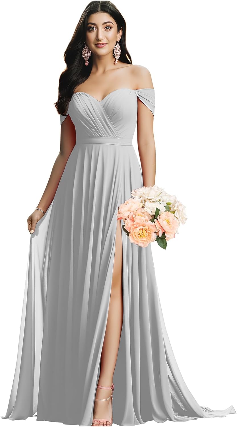 Schulterfreies Brautjungfernkleid für die Hochzeit, gerüschtes Chiffon-Split-Abendkleid mit Taschen 