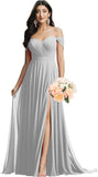 Schulterfreies Brautjungfernkleid für die Hochzeit, gerüschtes Chiffon-Split-Abendkleid mit Taschen 